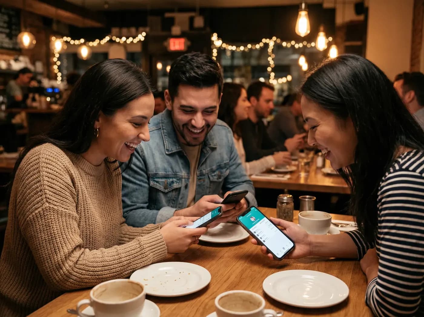 Friends at a cafe table paying with their phones