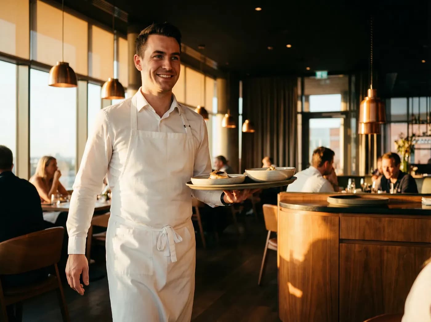 A waiter carrying plates through a busy restaurant
